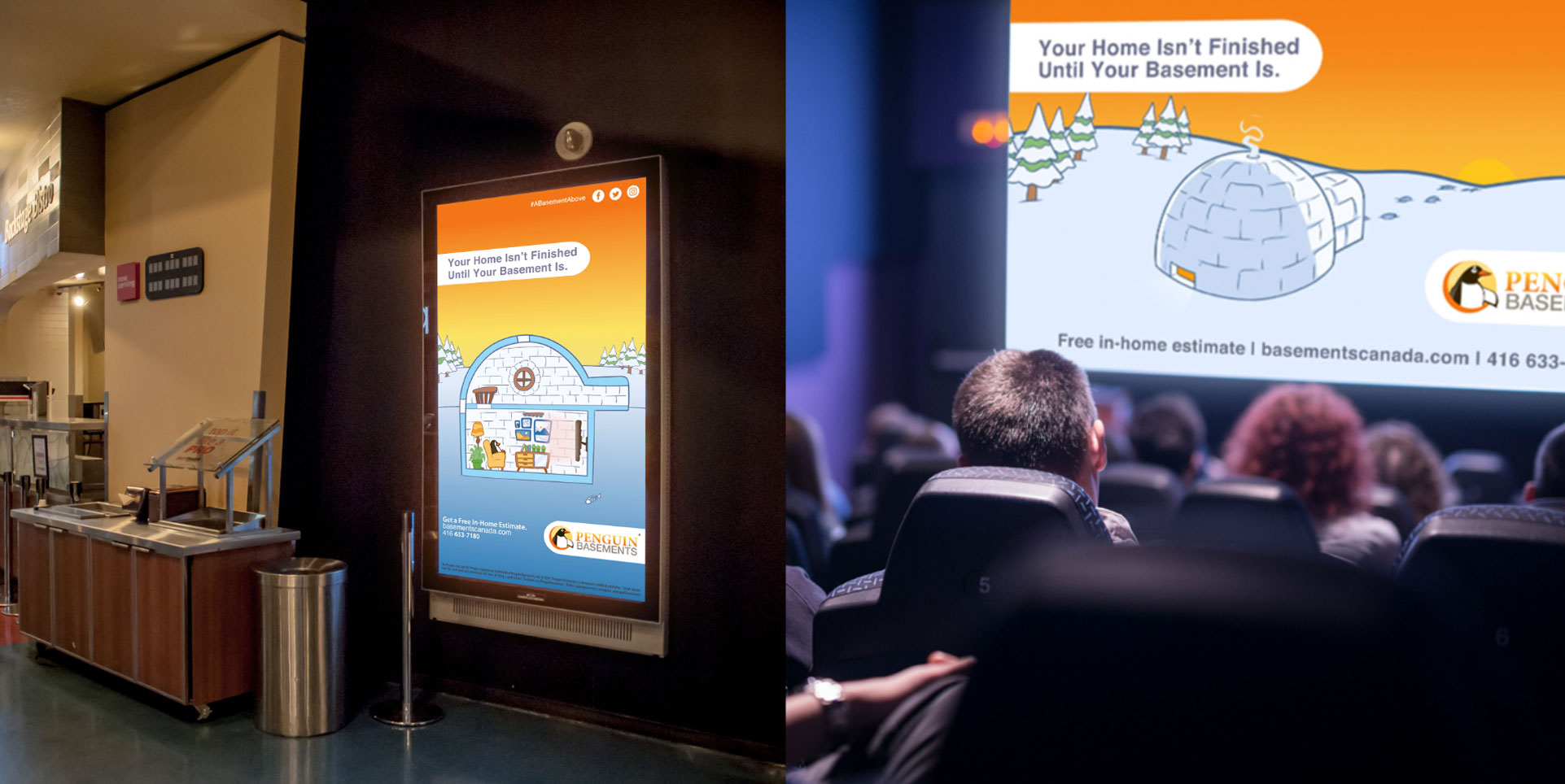 Penguin Basements Cinema advertisement on big screen and display in lobby